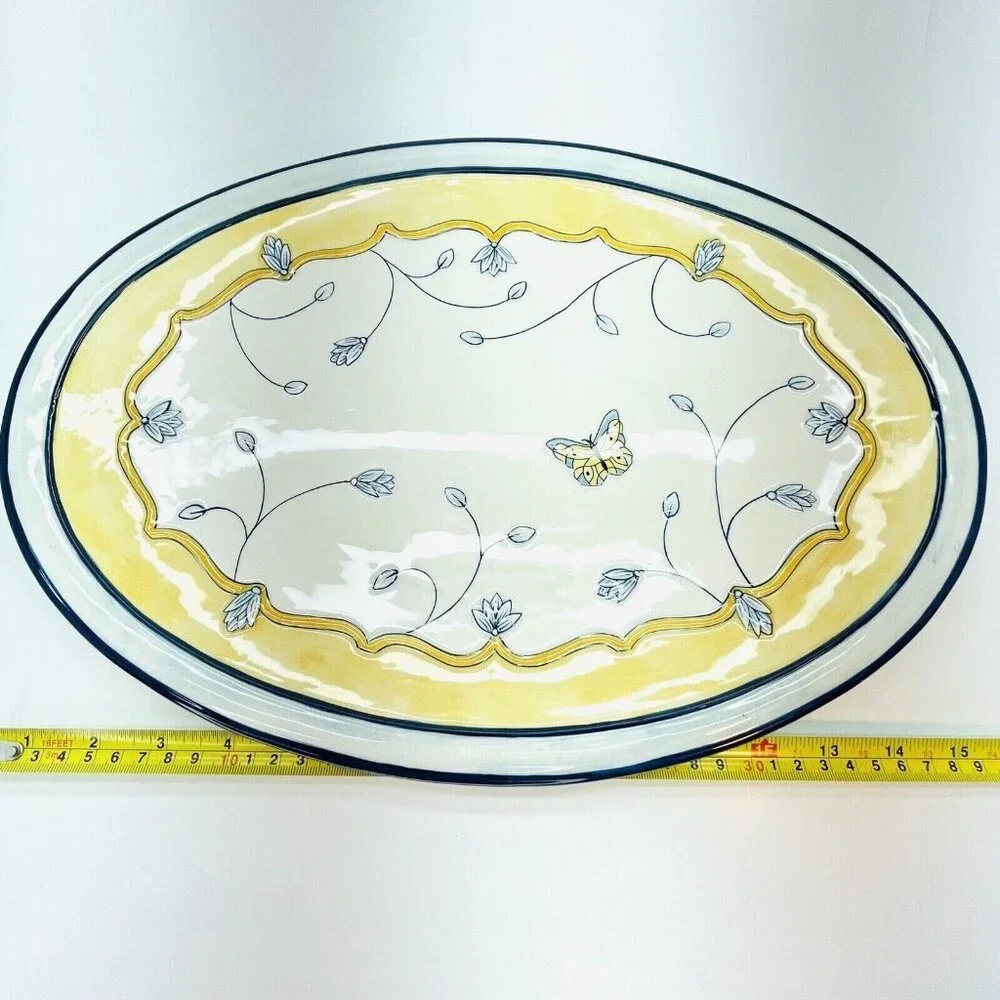 XL Fitz & Floyd Porcelain Oval Platter Embossed Mirabelle Pattern Blue Yellow - Picture 6 of 12